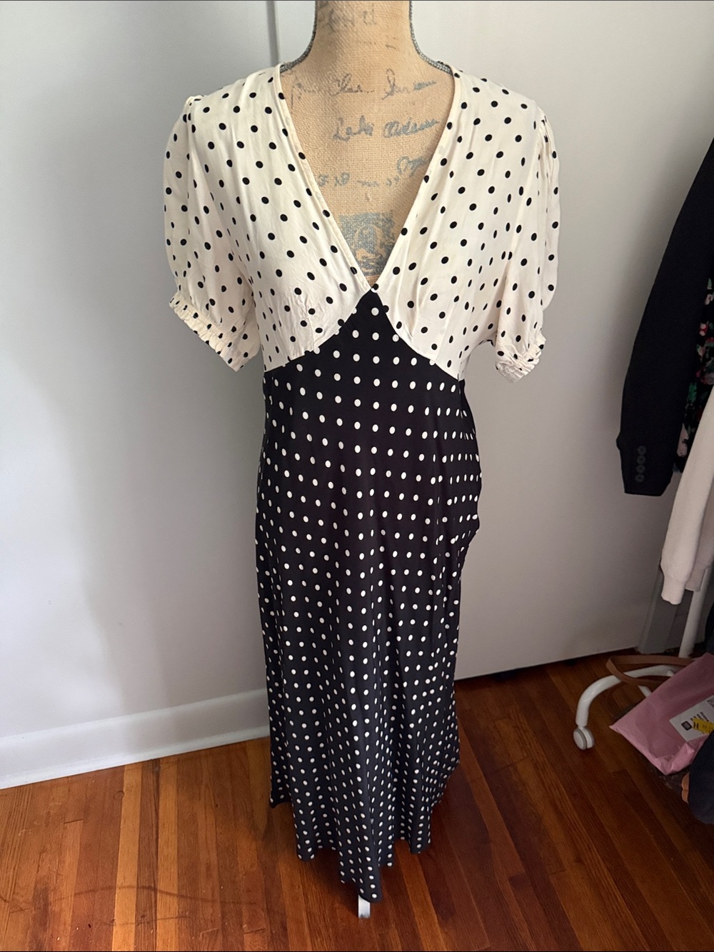 Polka Dot Two-Tone Maxi Dress in Black & White